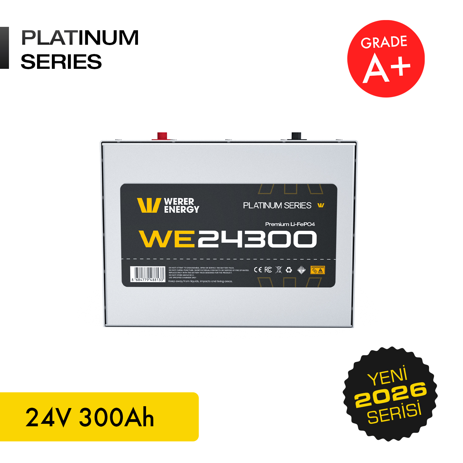 24V 300Ah ve gösteren siyah etiketli gümüş pil.