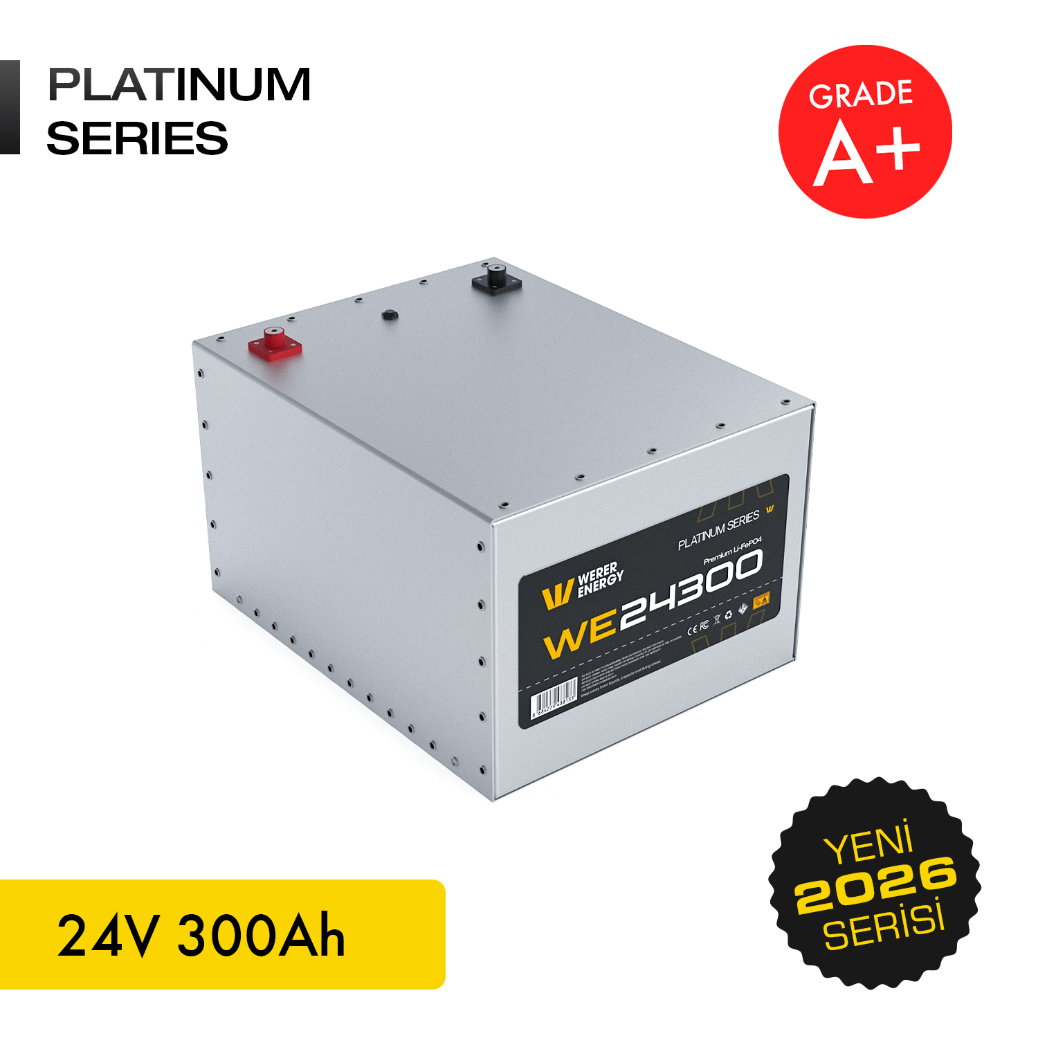A+ Dereceli Gümüş 24V 300Ah Platinum Serisi lityum pil, "Yeni 2026 Serisi" etiketiyle.