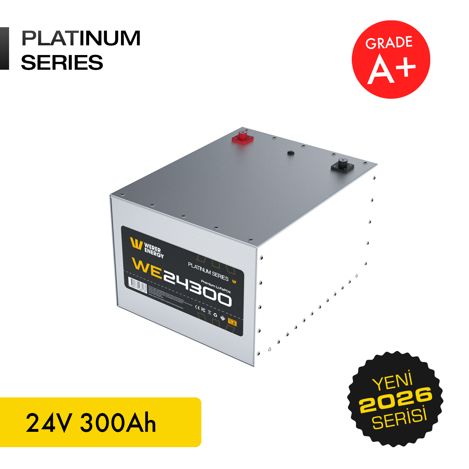 Gümüş renkli, "PLATINUM SERIES" ve "24V 300Ah" yazılı pil.