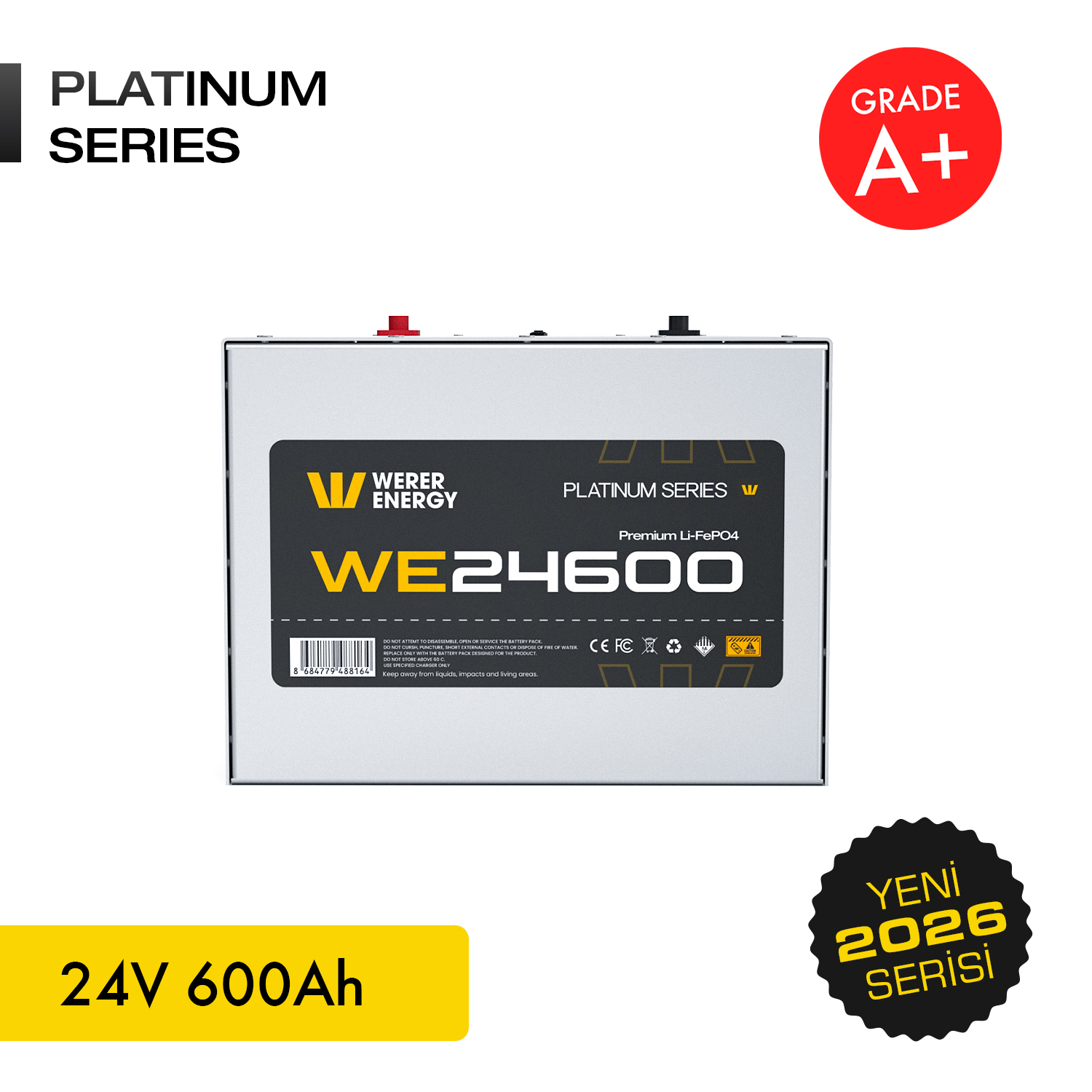 Siyah ve sarı etiketli gri pil, 24V 600Ah.