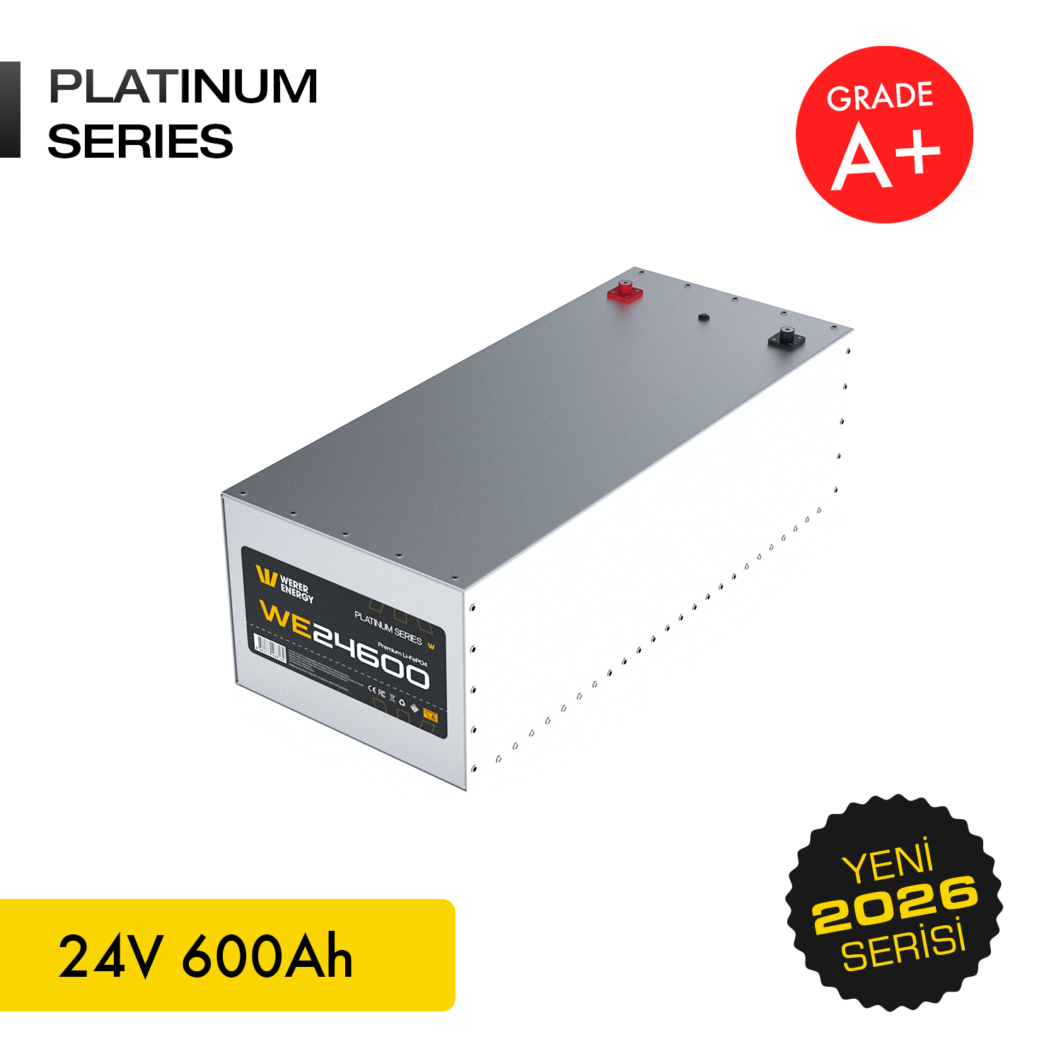 Kırmızı ve siyah terminalli gümüş renkli 24V 600Ah Platinum Serisi lityum pil.