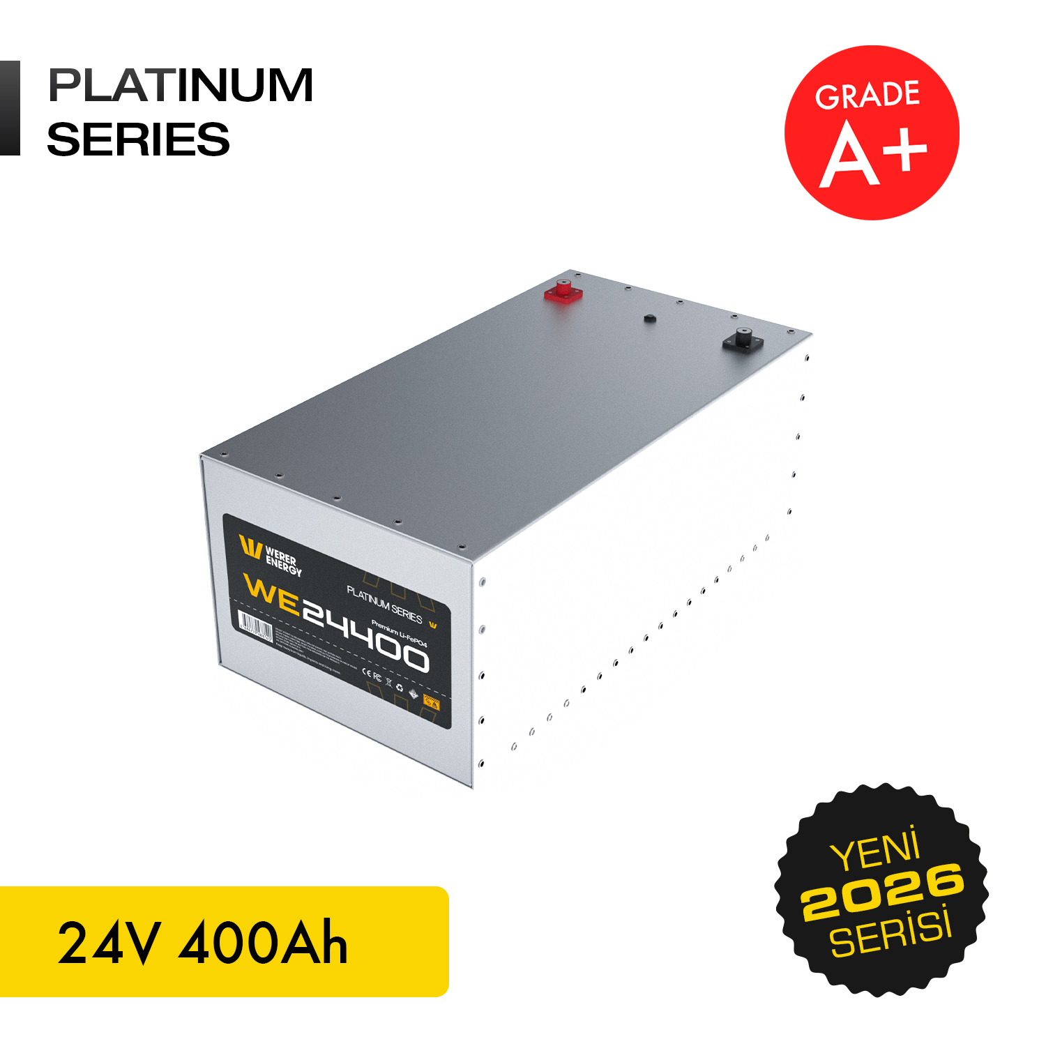 Kırmızı ve siyah terminalli gümüş renkli 24V 400Ah Platinum Serisi pil.