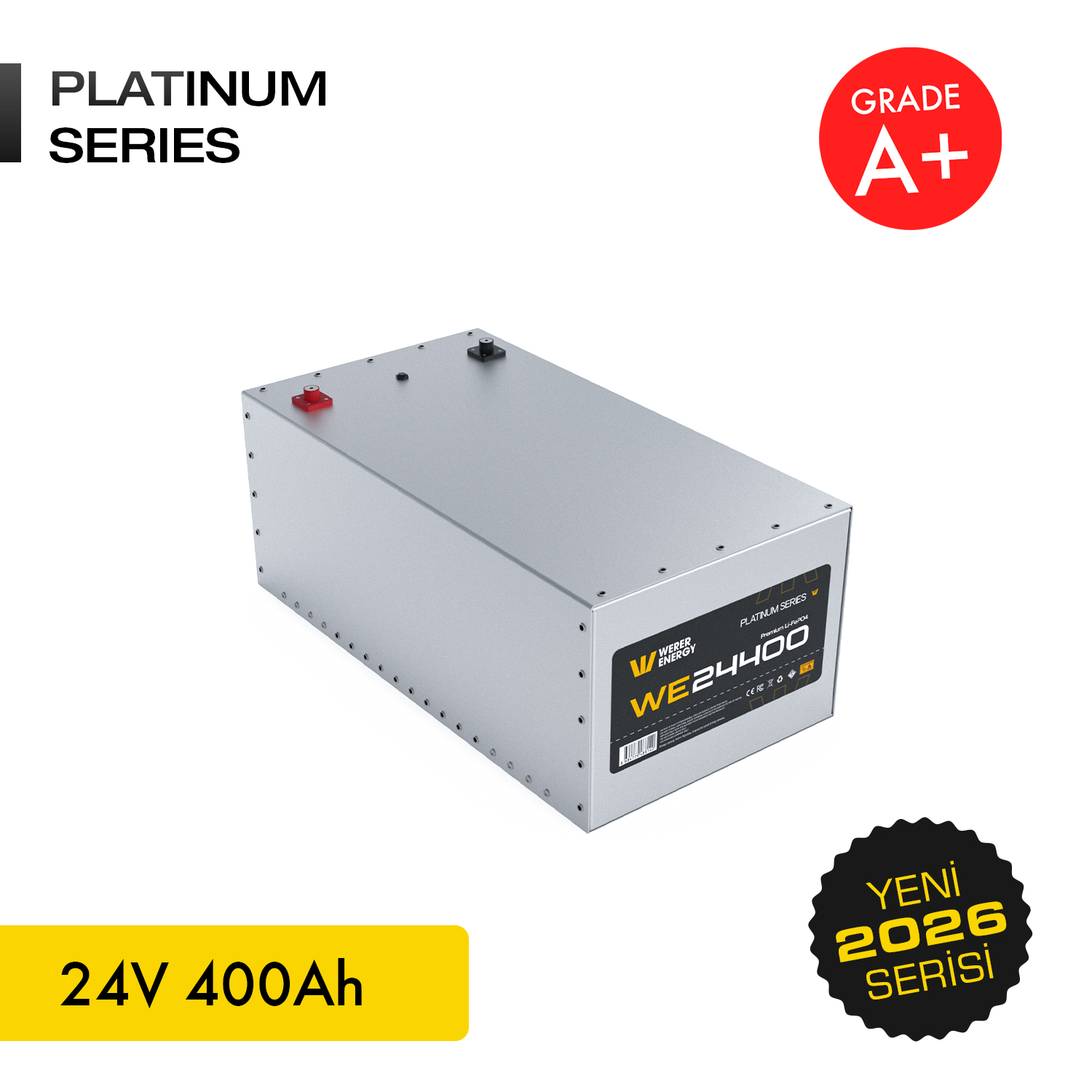 Gümüş pil, 24V 400Ah, 'Platinum Series' ve 'Grade A+' etiketli
