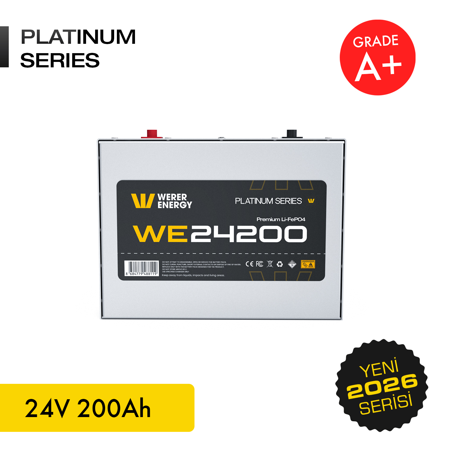 Gümüş 24V 200Ah Platinum Serisi Lityum pil, A+ Dereceli.