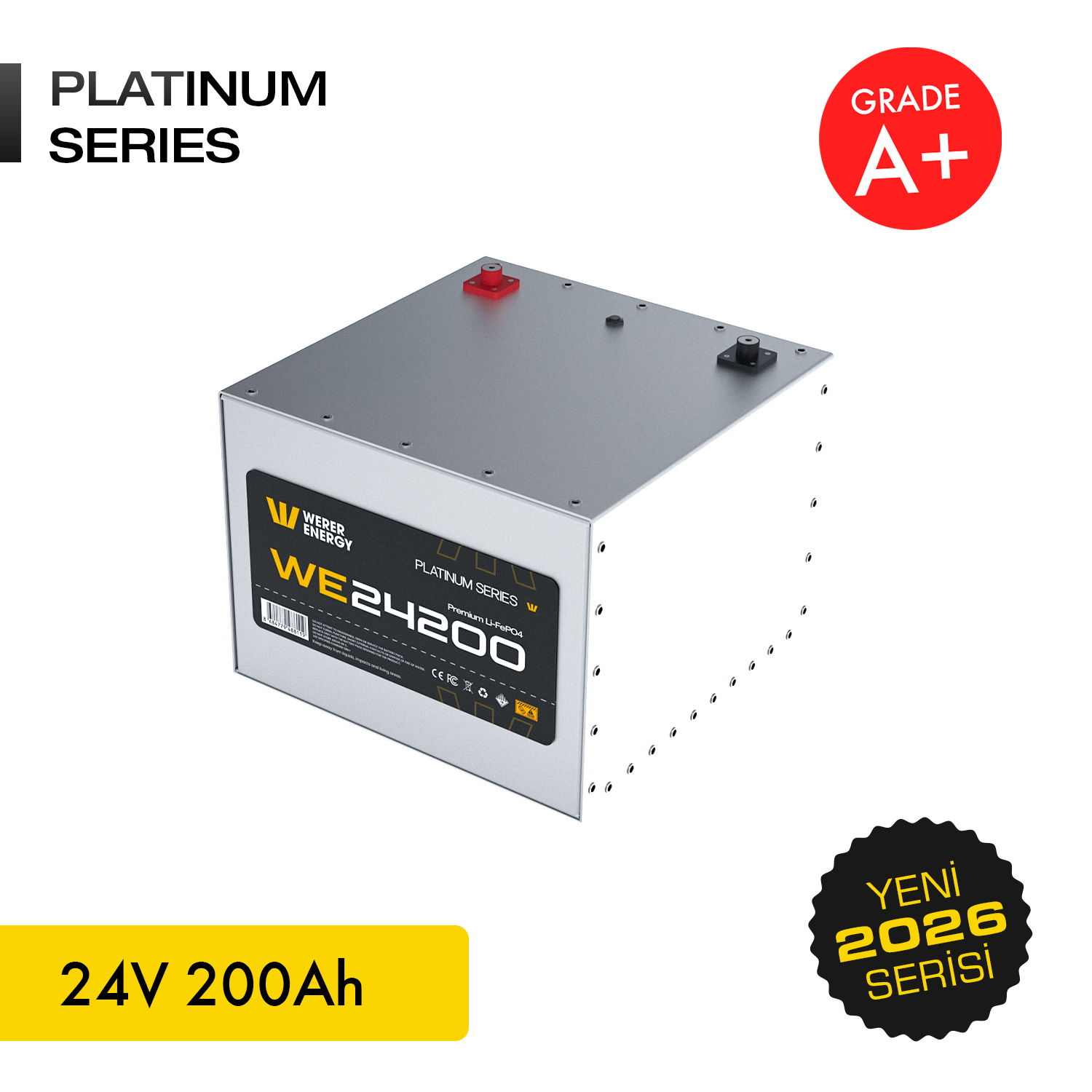 Gri 24V 200Ah LiFePO4 batarya, Platinum Serisi, A+ Sınıfı.