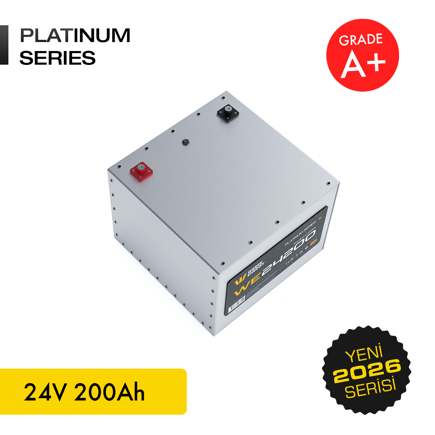 Gri akü, WE24200 modeli, kirmizi ve siyah terminalli. 24V 200Ah.