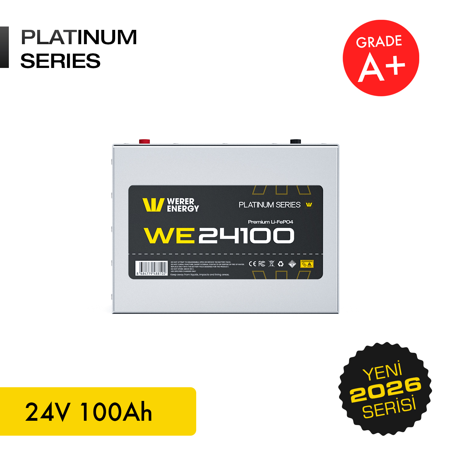 WE24100, 24V 100Ah etiketli gümüş Platinum Serisi pil, A+ Sınıfı.