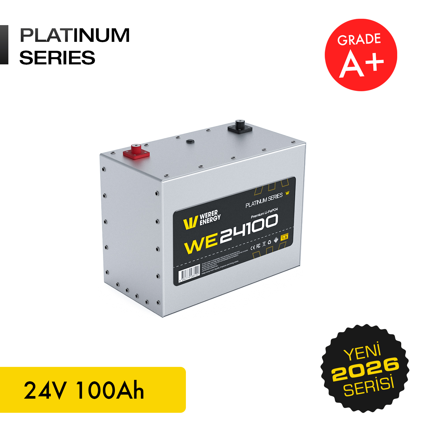 Gümüş 24V 100Ah Platinum Serisi pil, kırmızı ve siyah terminalli.