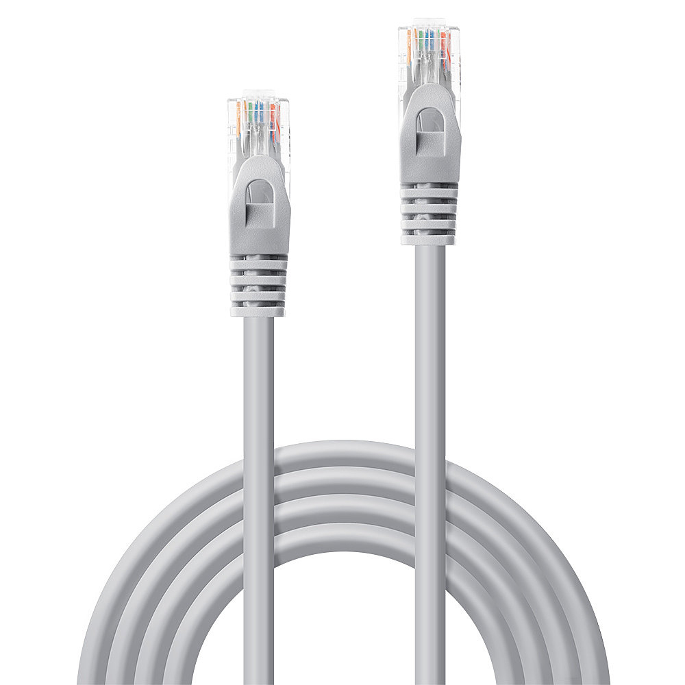 Dos cables de red grises con conectores RJ45 transparentes y cables de colores.