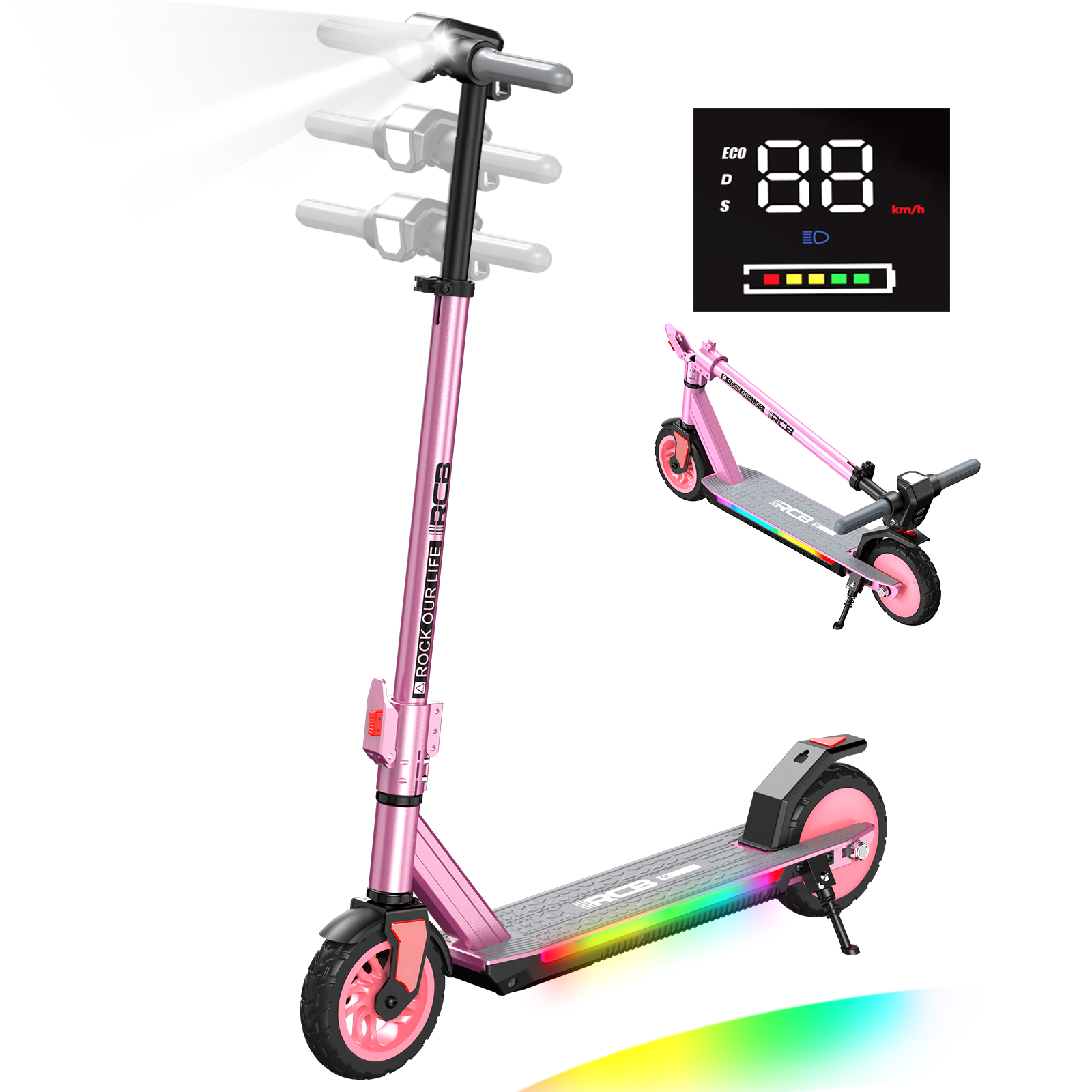 Pinker E-Scooter mit beleuchtetem Trittbrett und Display. Ein zweiter Scooterr ist im Hintergrund zu sehen.