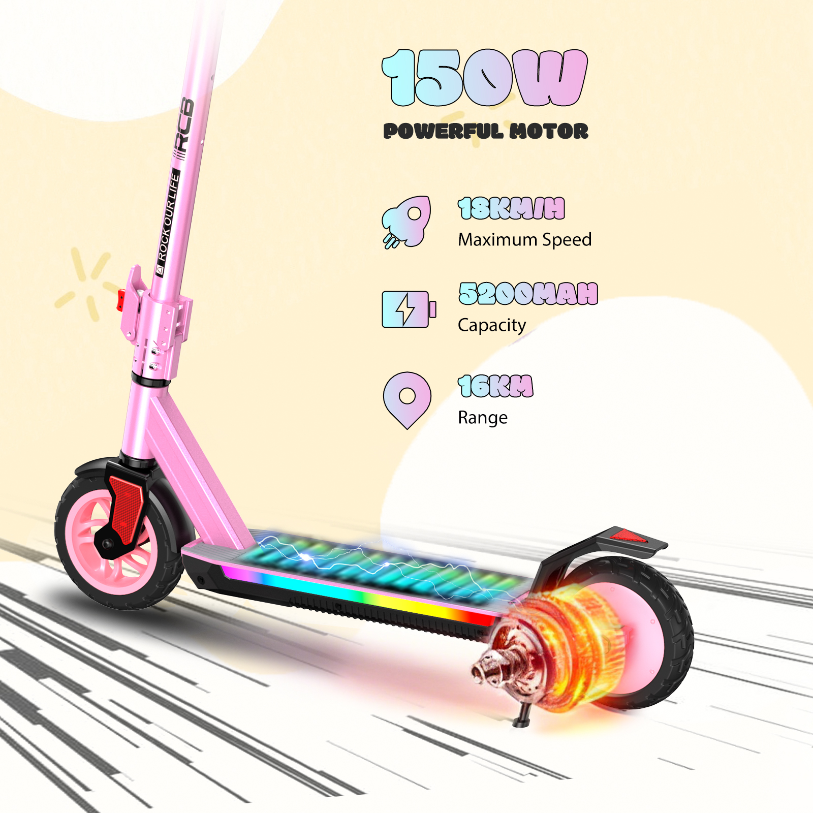 Pinker E-Scooter mit 150W Motor, 18km/h, 5200mAh, 16km Reichweite und Lichteffekten.