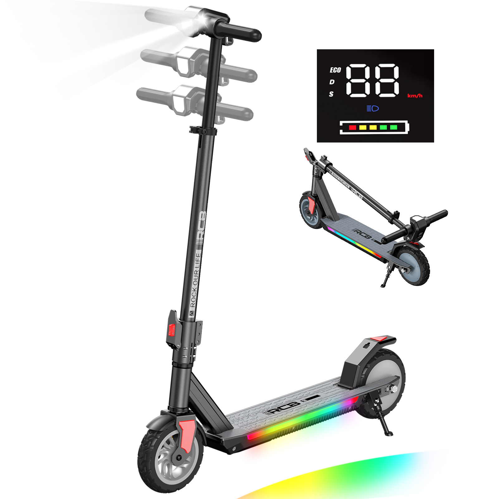 Ein grauer Elektroroller mit LED-Beleuchtung, Vorderlicht und Display.