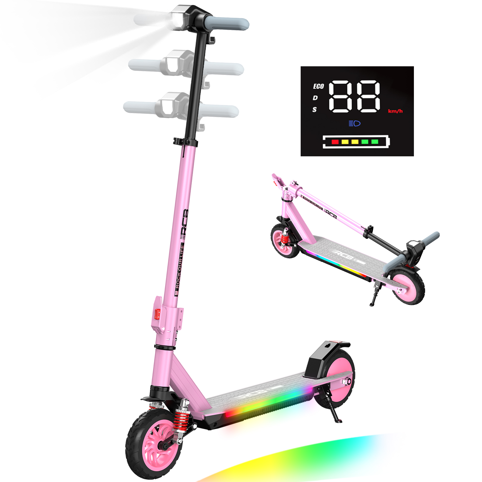 Ein pinker Elektroroller mit Licht und Display, der 88 km/h anzeigt.