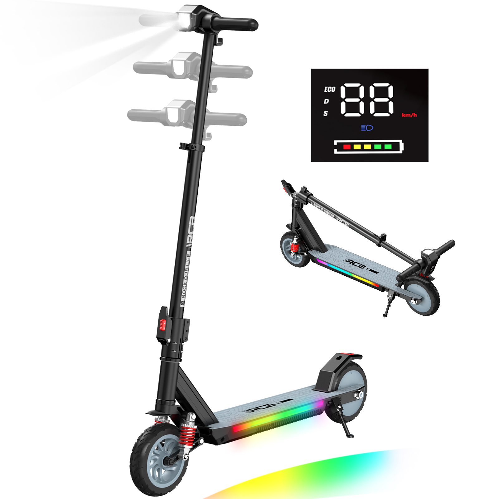 Schwarzer Elektroroller mit Frontlicht und RGB-Deckbeleuchtung. Anzeige zeigt 88 km/h.