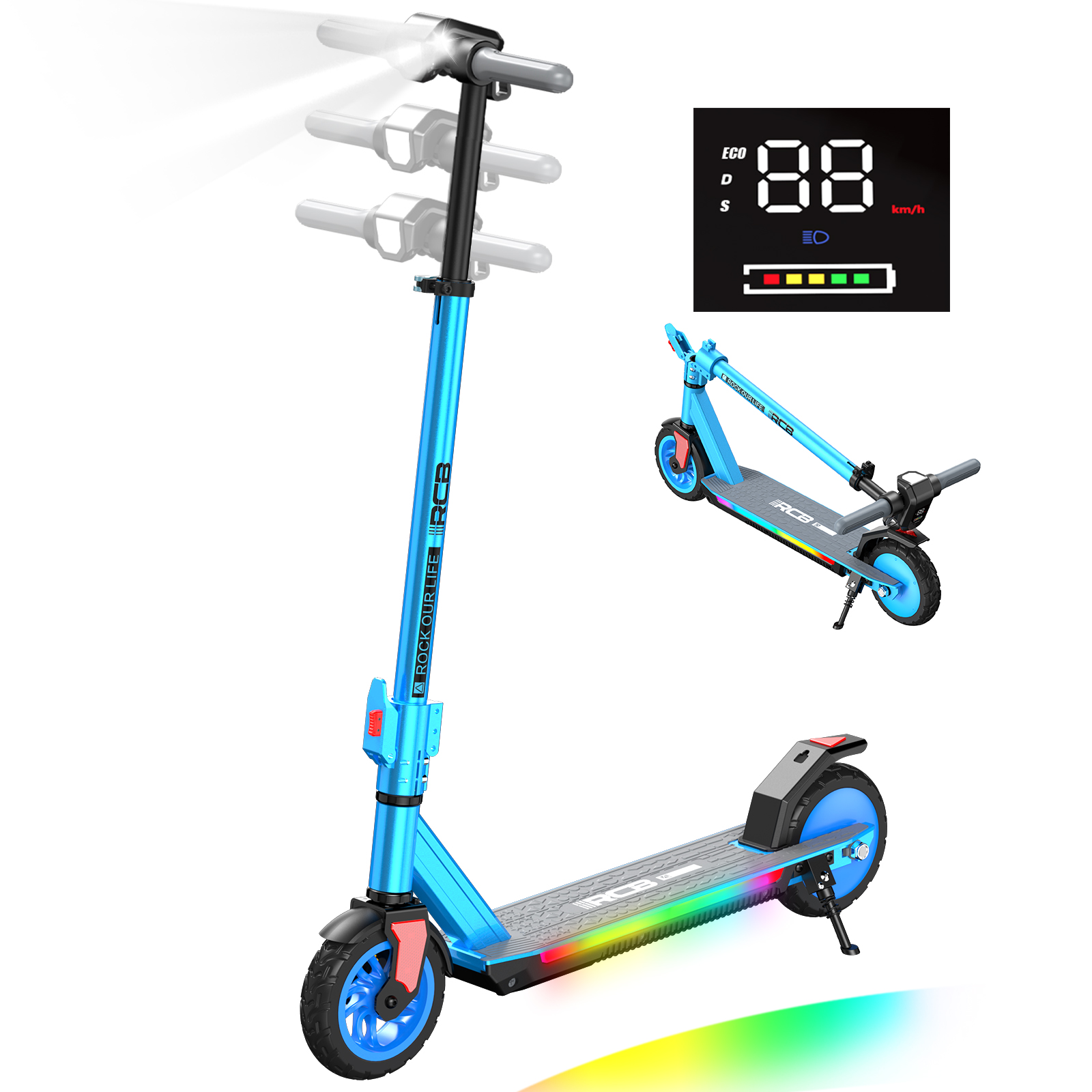 Ein blaues Elektroroller mit Lichtern und einem Display, das 88 km/h anzeigt.