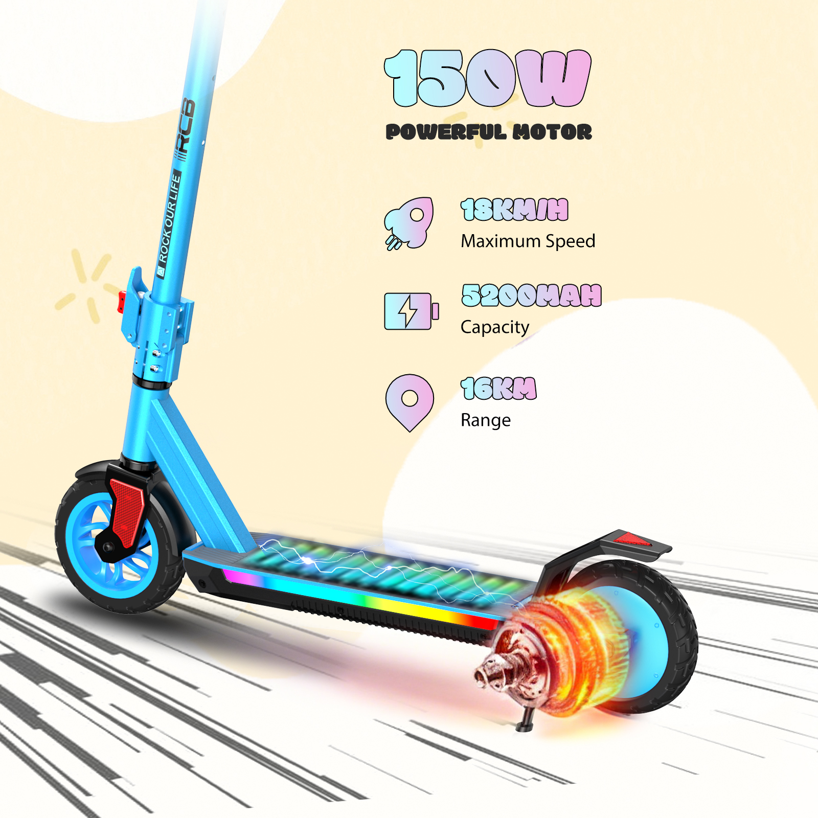 Ein blauer Elektroroller mit leuchtender Trittfläche und sichtbarem Motor. Daten: 150W, 18km/h, 5200mAh, 16km.