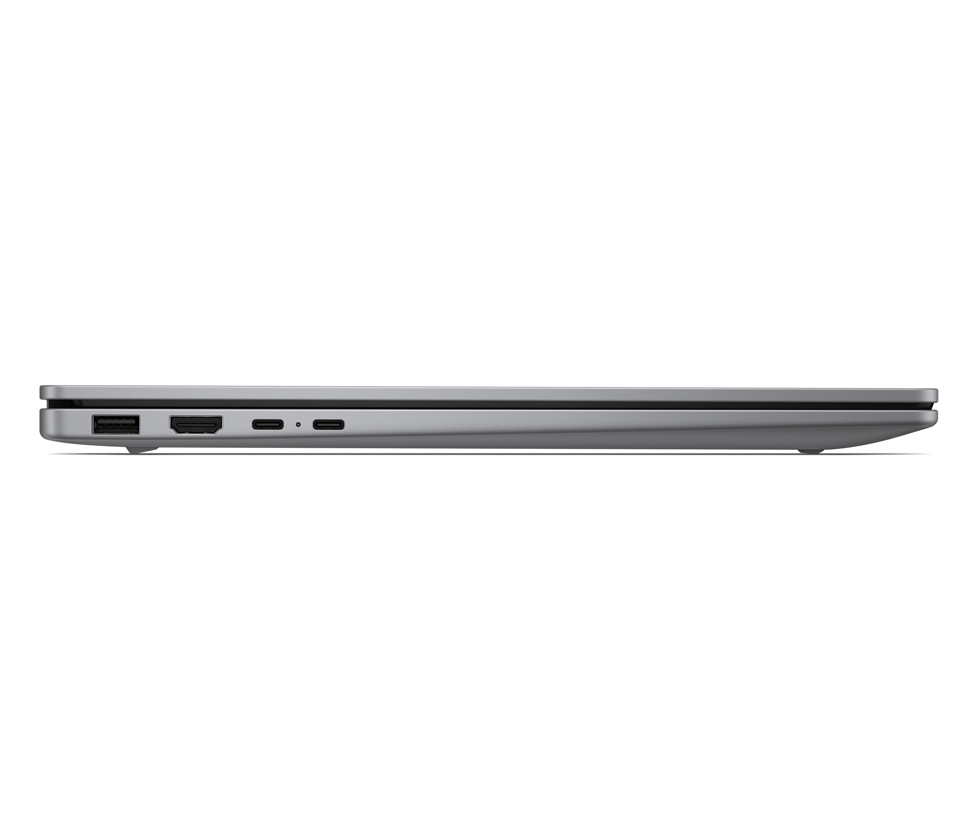 Laptop grigio con porte: USB-A, HDMI, 2x USB-C, lettore di schede SD.