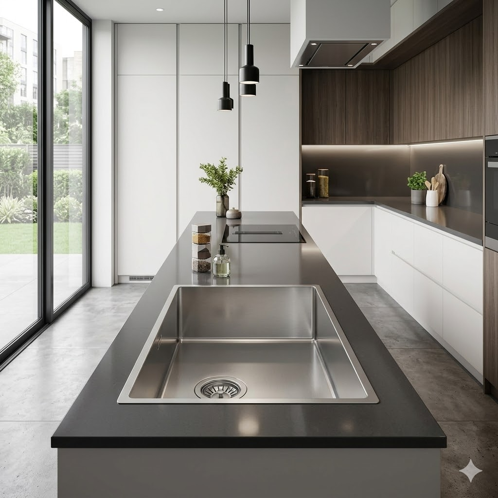 Cucina moderna con piano di lavoro scuro, lavello, piano cottura e mobili bianchi.