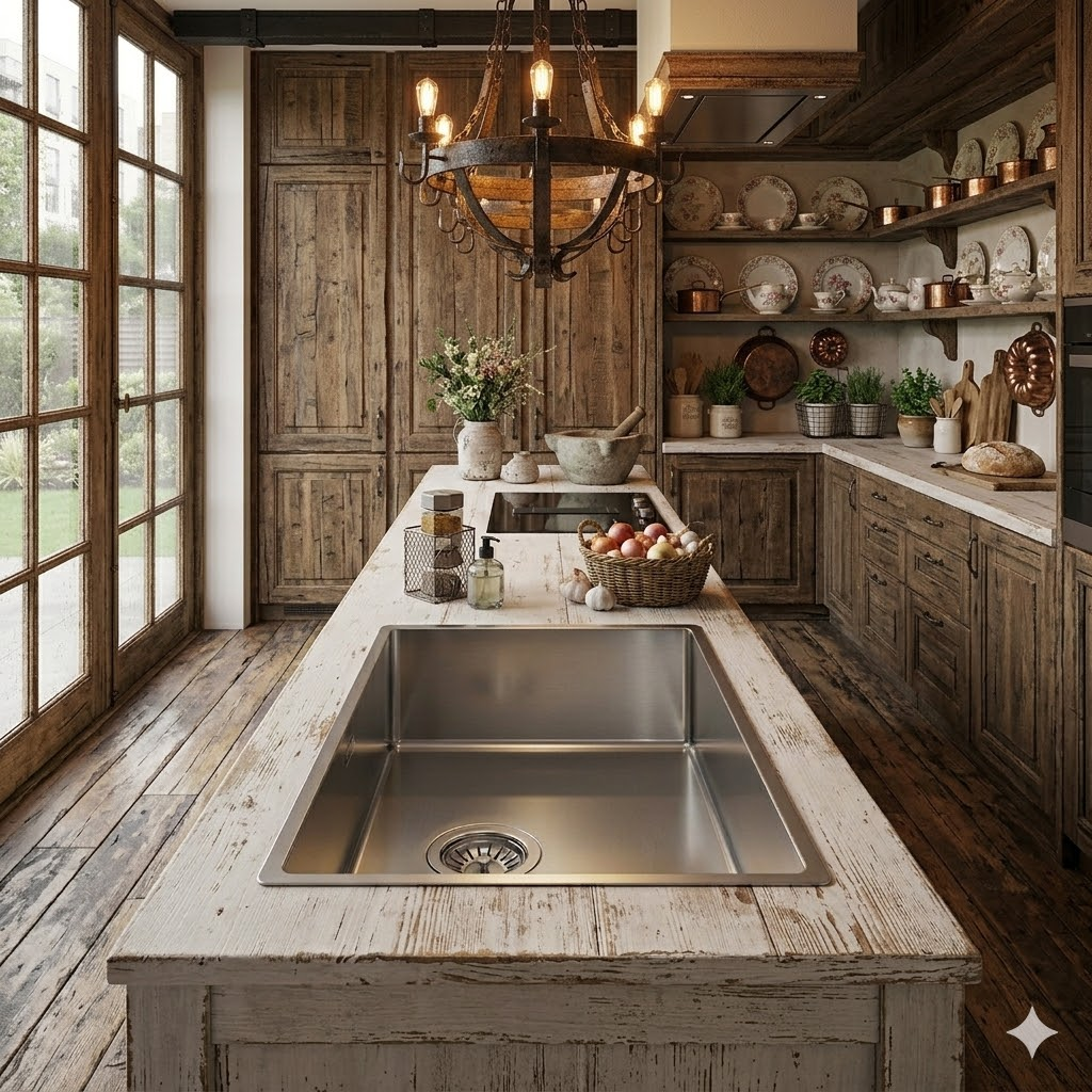 Cucina rustica con pavimenti in legno, elementi in legno, grande lavello e cesto con cipolle.