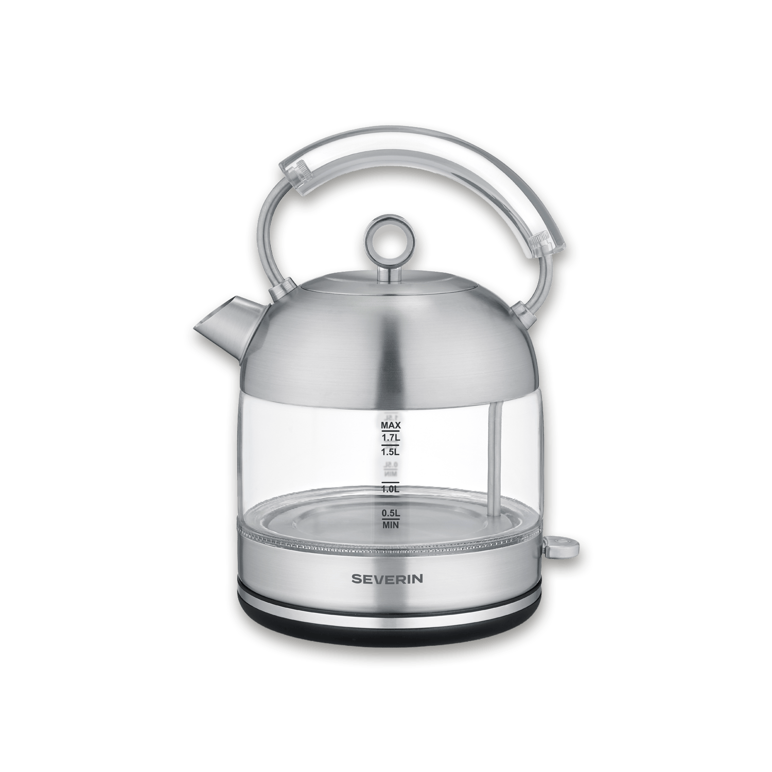 Un moderno hervidor de agua de cristal con base y asa de acero inoxidable.