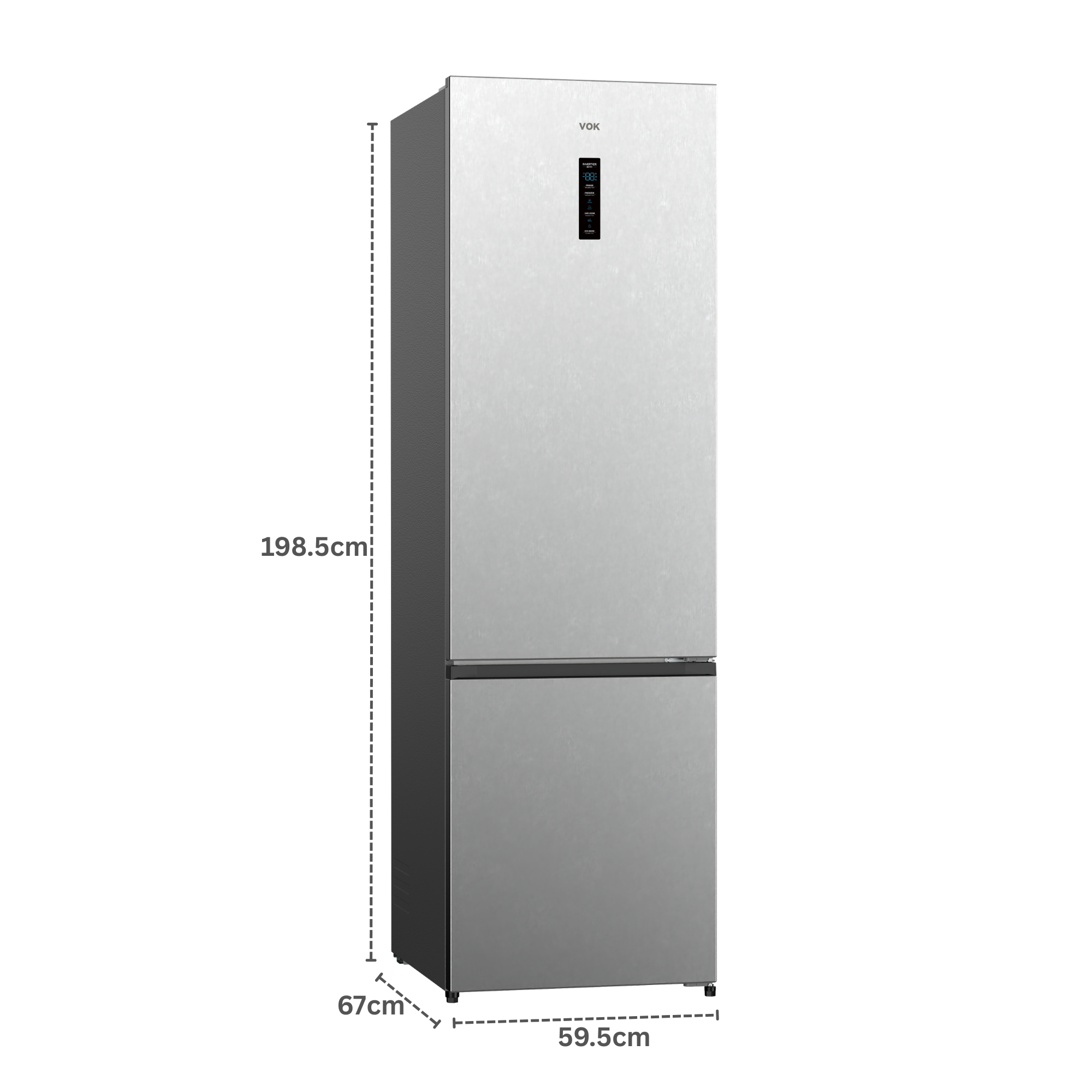 Un refrigerador plateado con pantalla digital en la parte superior.