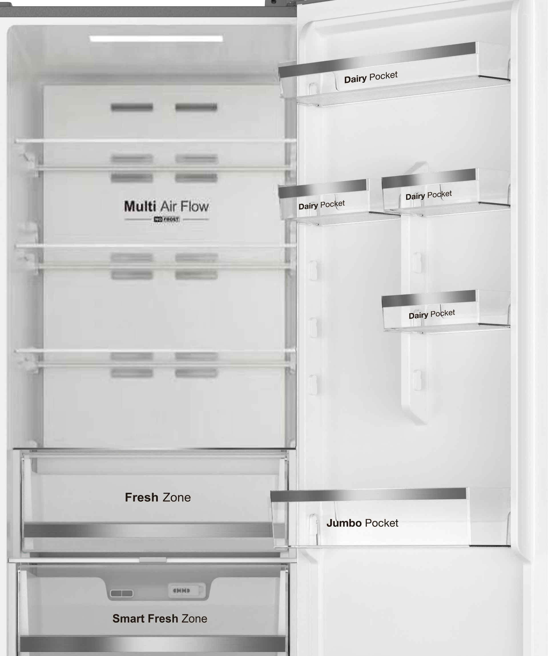 Interior de un refrigerador con múltiples estantes y cajones.