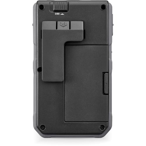 Rückseite eines schwarzen Geräts mit Gürtelclip und Batteriefachabdeckung.