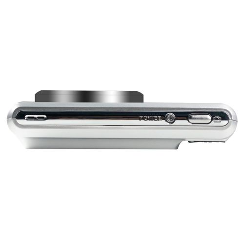 Silberne Digitalkamera mit Power-Taste und Ladeanschluss.