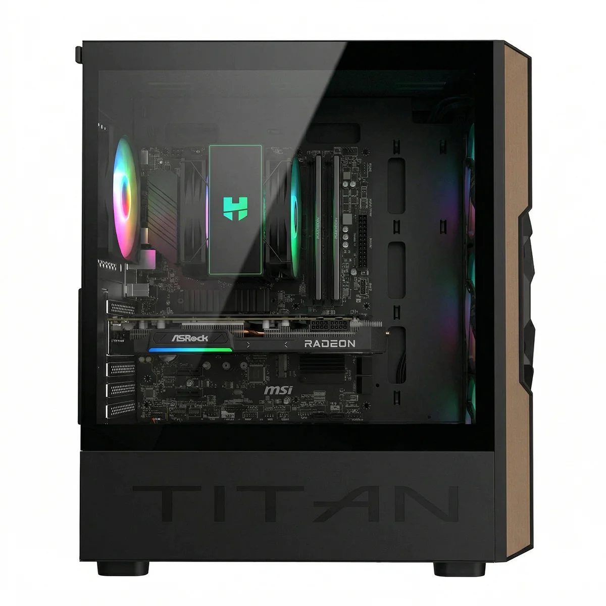 Un case PC verticale con frontale in vetro e ventole RGB. Logo Titan in basso.