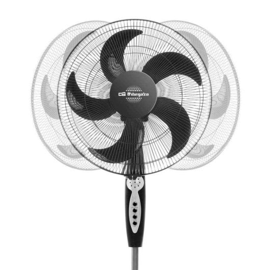 Un ventilador de pie negro con cinco aspas se muestra sobre fondo blanco.