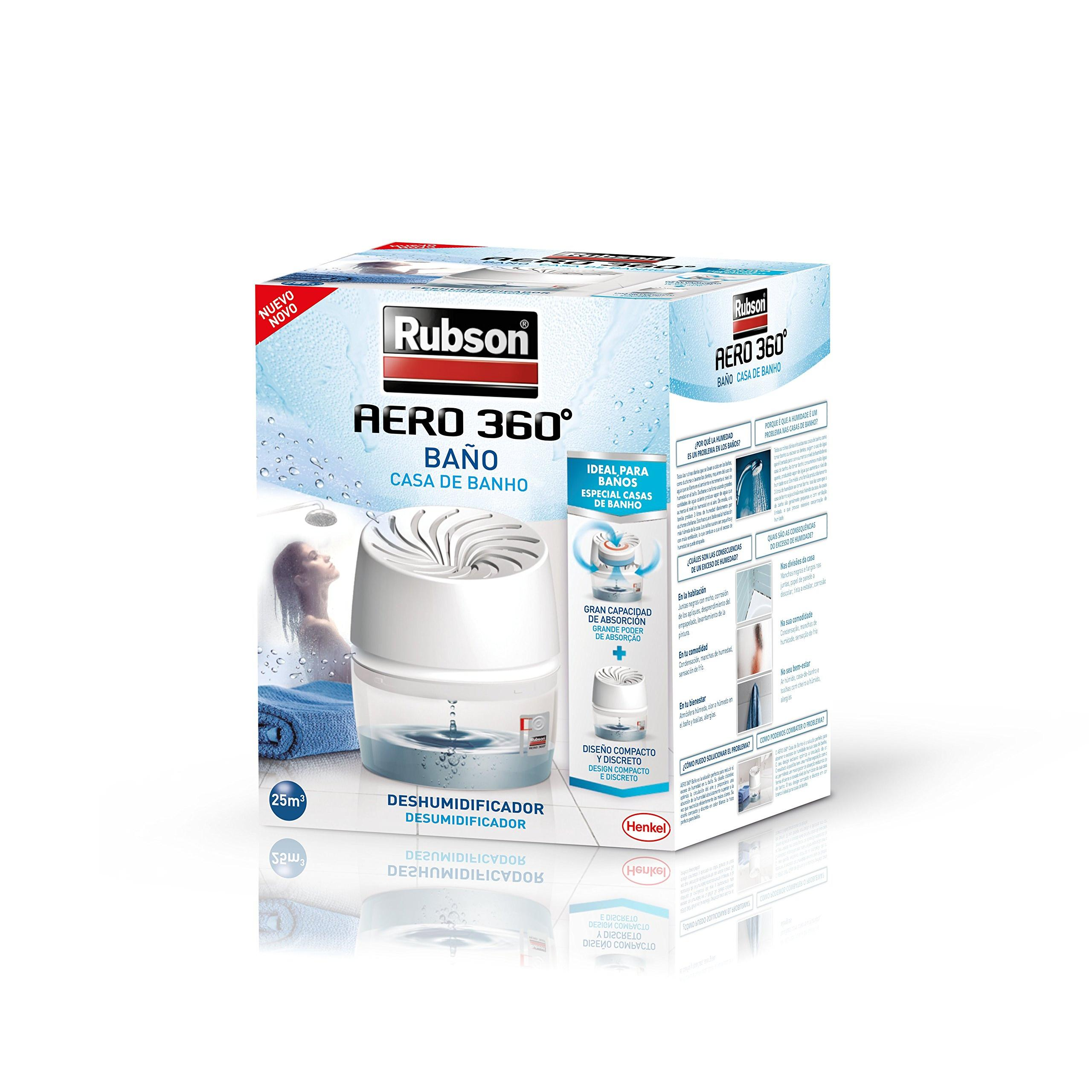 Deumidificatore Rubson AERO 360° per bagni, copertura 25m³, con logo Henkel.