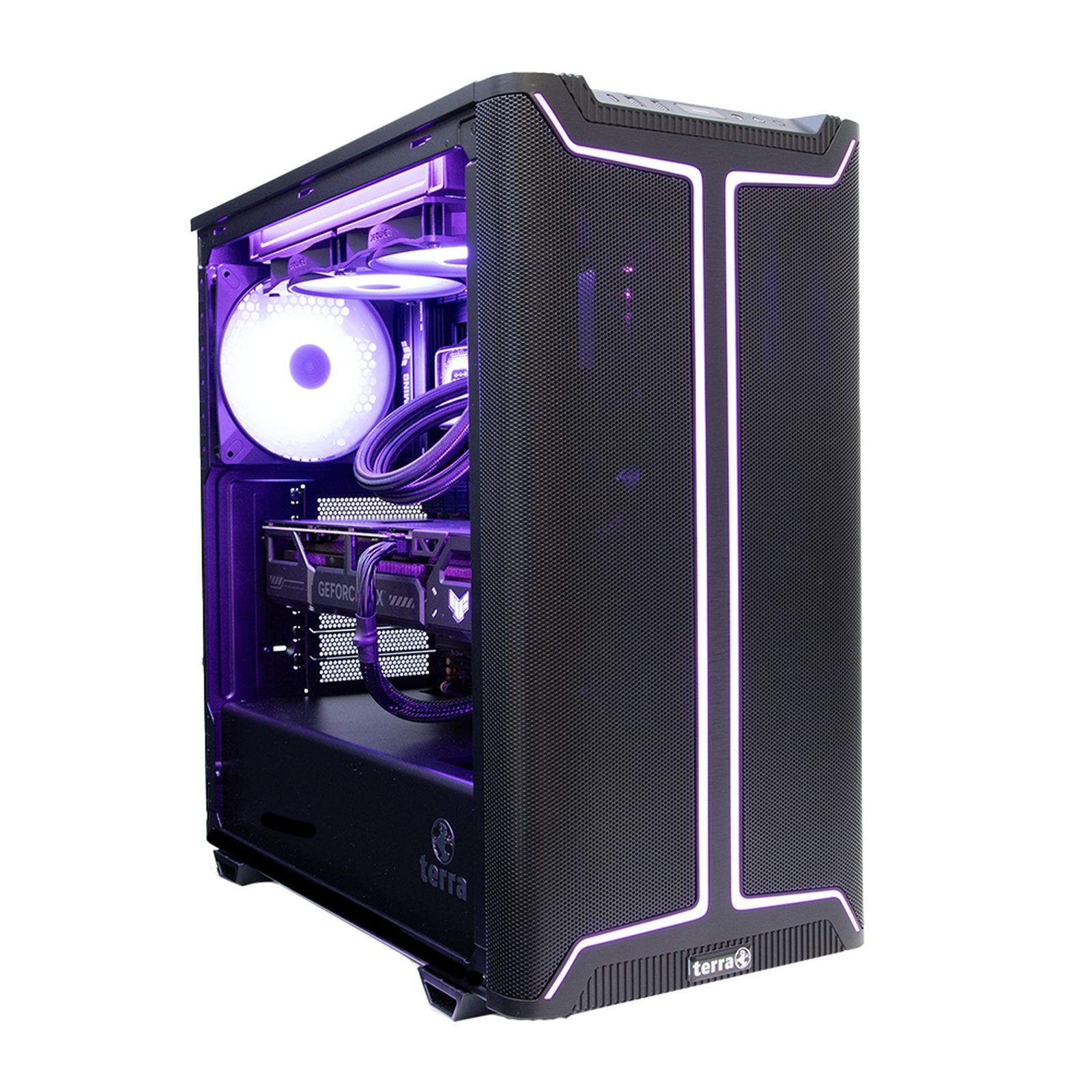 Un case per PC nero con illuminazione, ventole e cavi viola visibili.