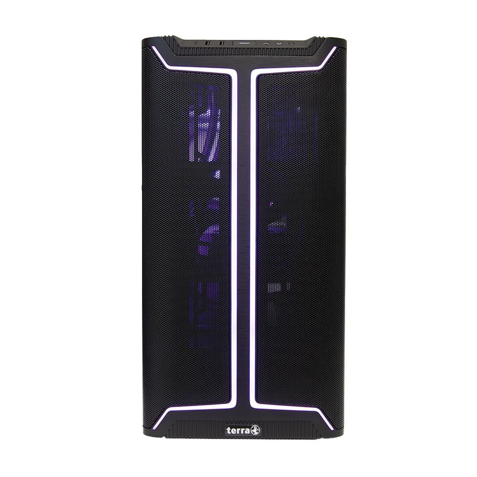 Tower PC nero con illuminazione interna viola e una striscia luminosa verticale.