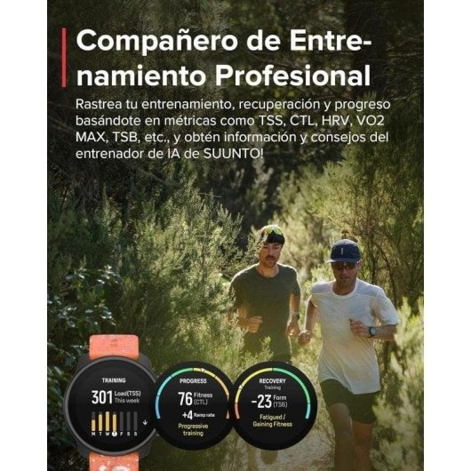 Due uomini corrono su un sentiero. Uno smartwatch mostra dati di allenamento.