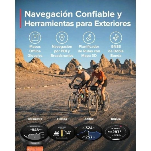 Due ciclisti in un paesaggio desertico con navigazione e display meteo.