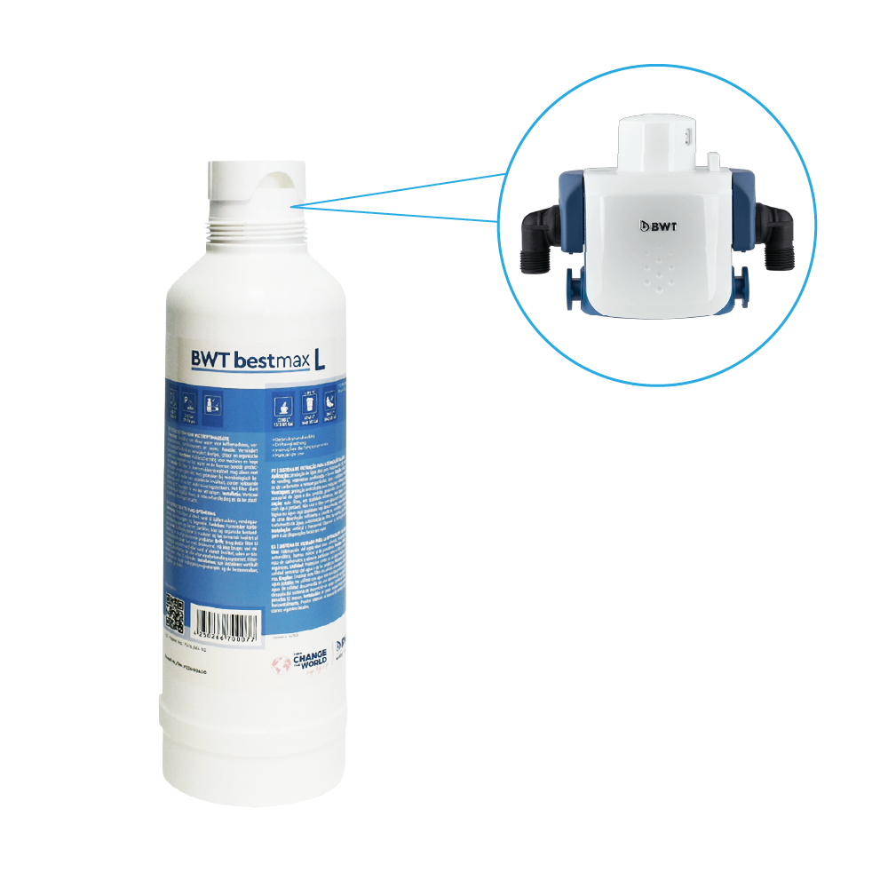 Cartuccia filtro acqua BWT bestmax L con vista dettagliata della testa filtro.