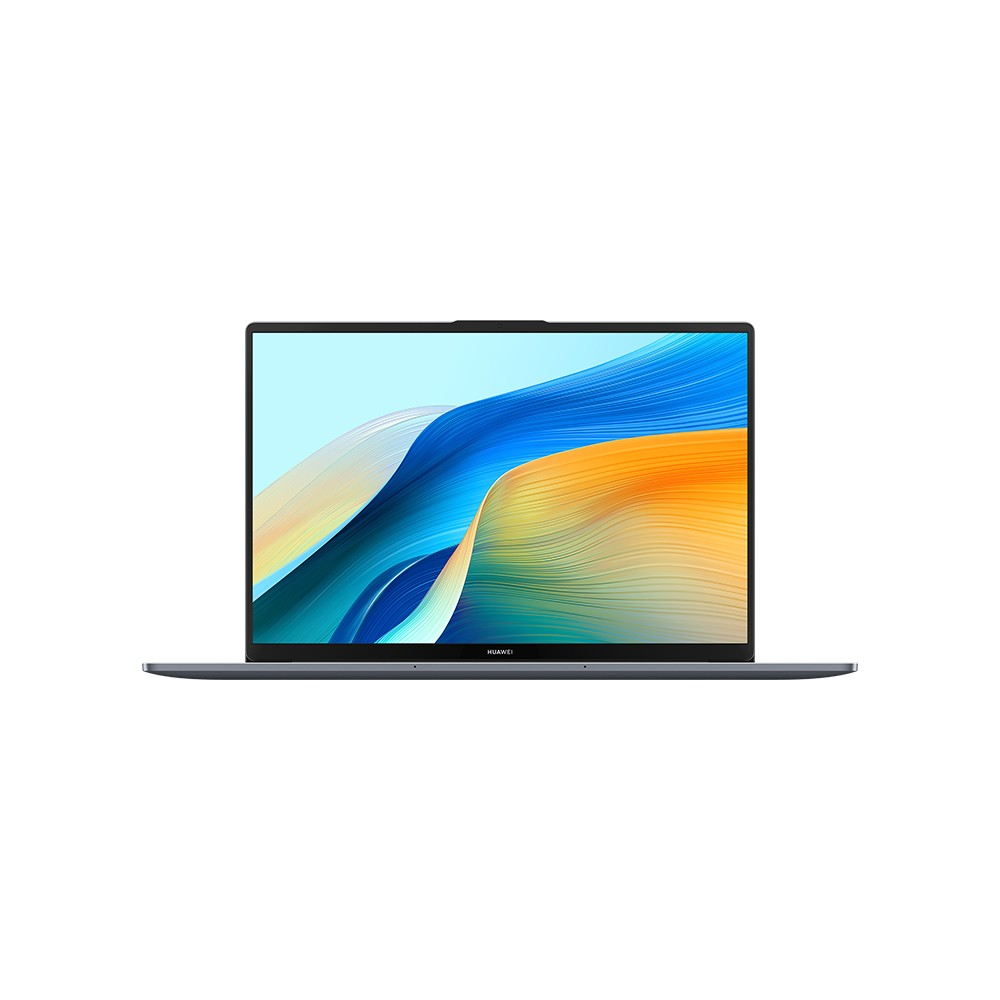 Kapalı gri Huawei dizüstü bilgisayar, ekranında renkli, soyut bir duvar kağıdı var.