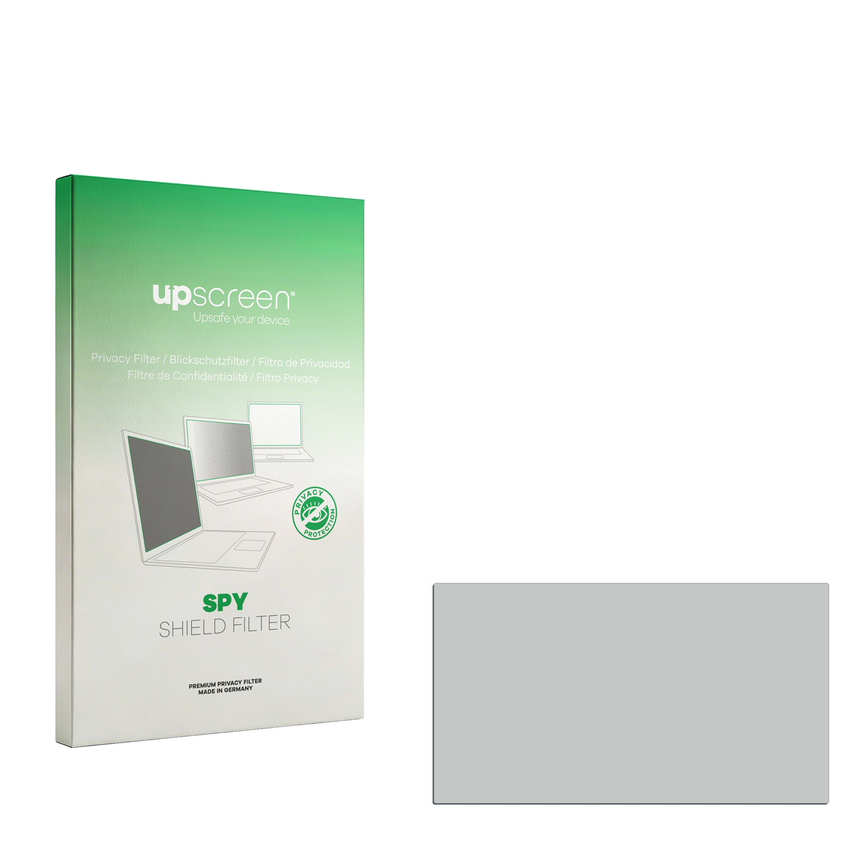 Grüne Verpackung für einen Sichtschutzfilter mit Laptop-Abbildung und Text.