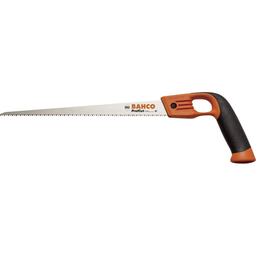 Eine Säge mit orange-schwarzem Griff und langer Metallsägeblatt.