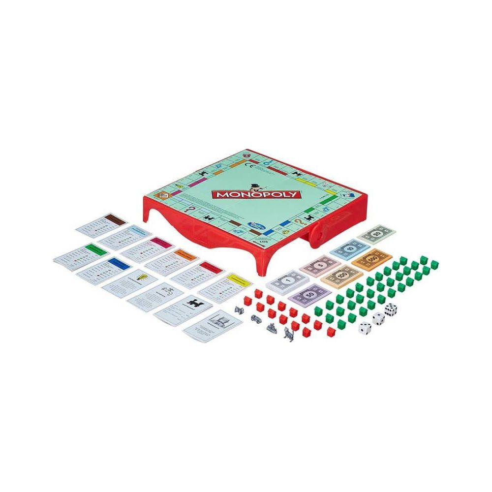 Monopoly-Brettspiel mit Geld, Häusern, Hotels, Würfeln und Spielfiguren.