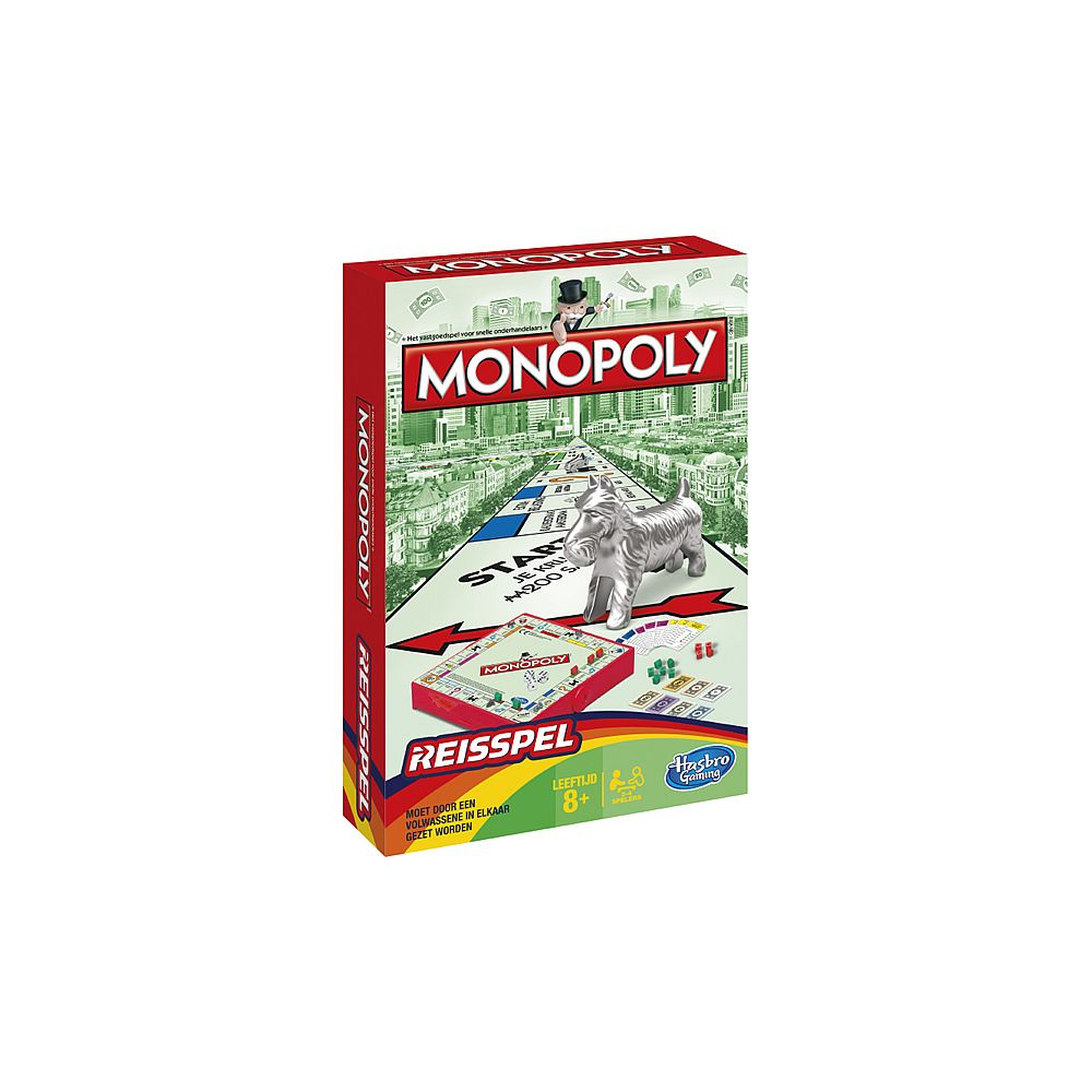 Monopoly Reisespiel-Schachtel mit silbernem Hund und Spielbrett.