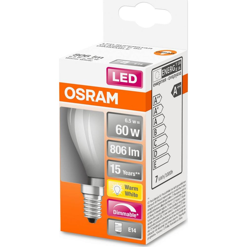 Lampadina OSRAM LED: 6.5W=60W, 806lm, bianco caldo, 15 anni, dimmerabile, E14.