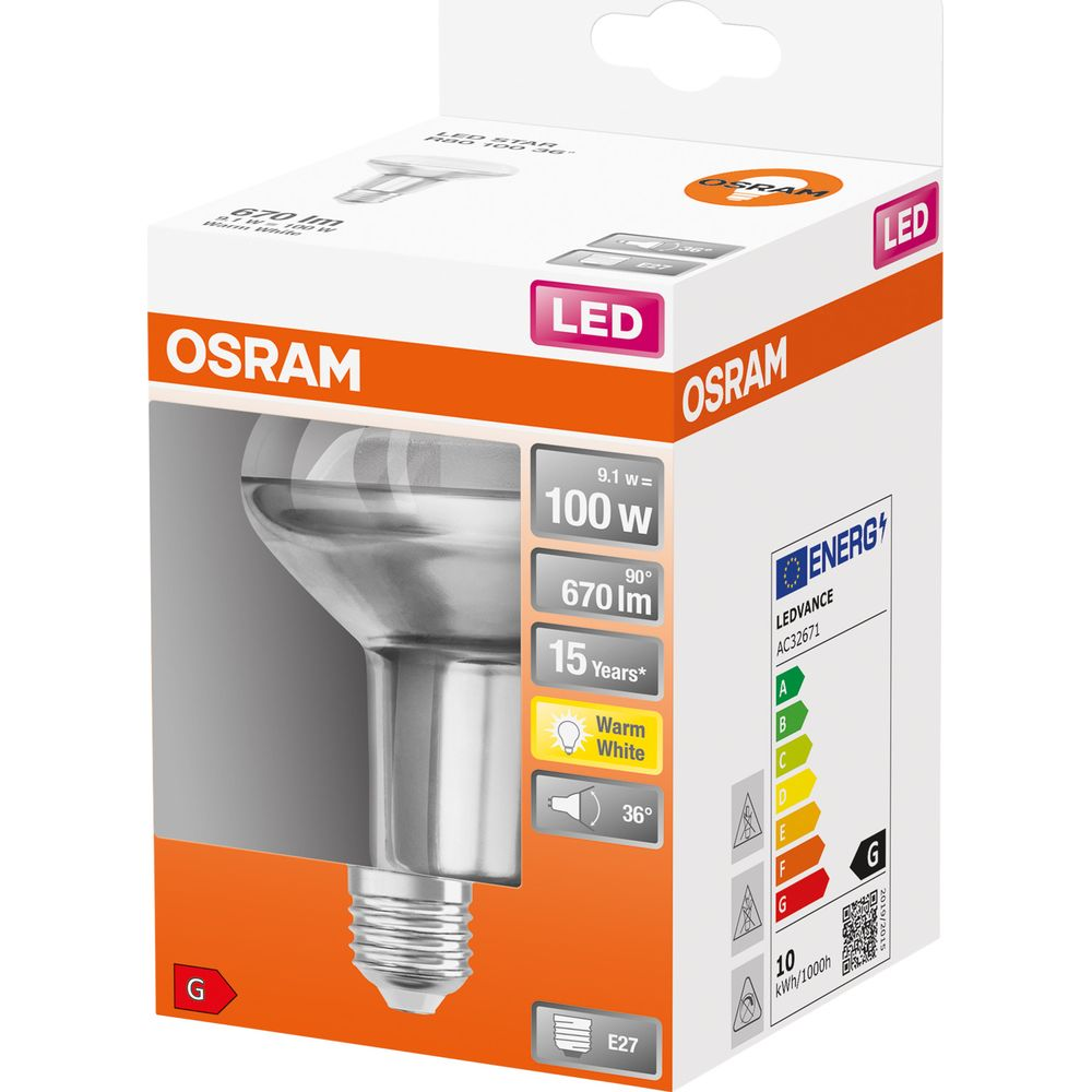 Lampadina LED OSRAM, E27, 9.1W, 670lm, fascio 36 gradi, bianco caldo.