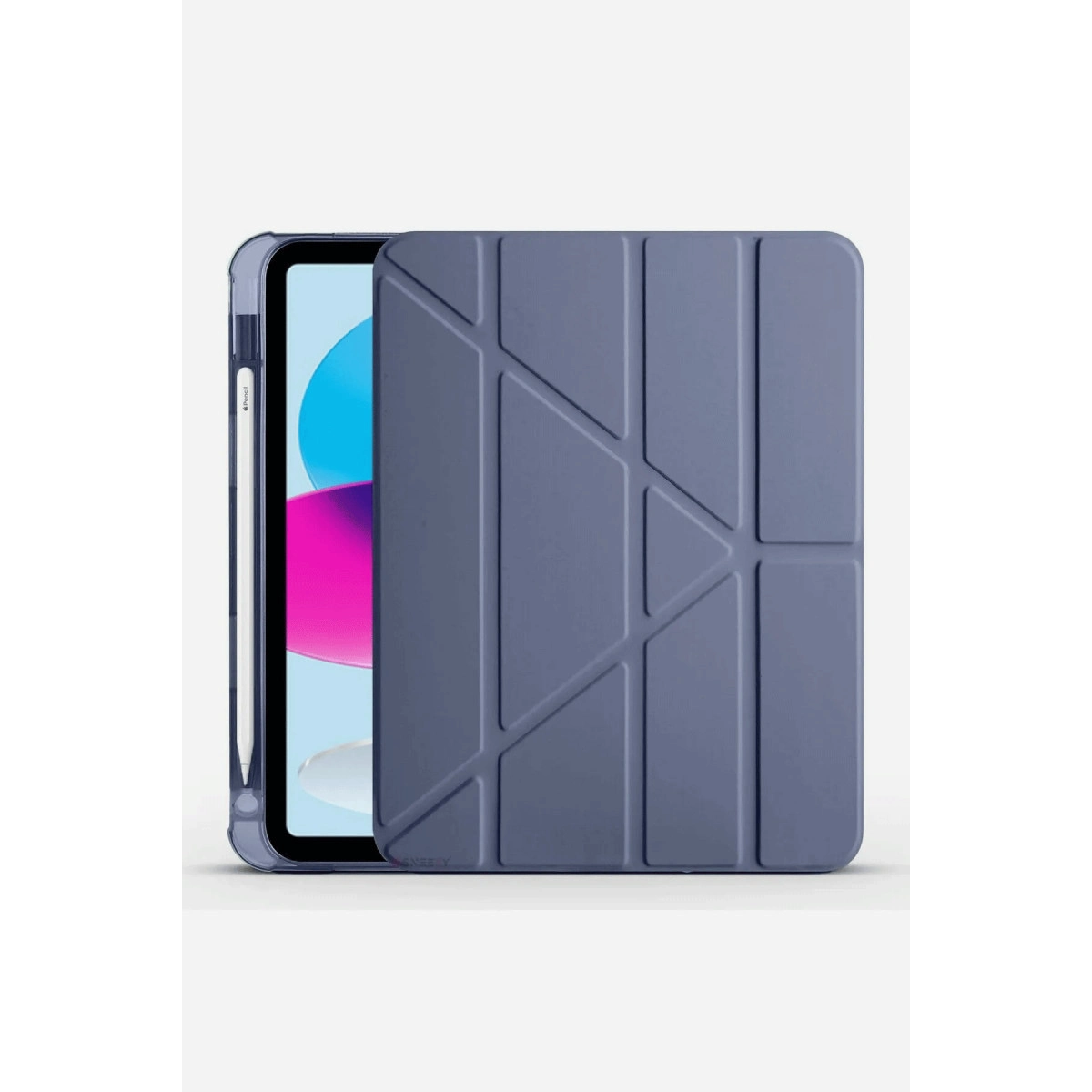 Mavi tablet, kılıf ve stylus beyaz arka planda.