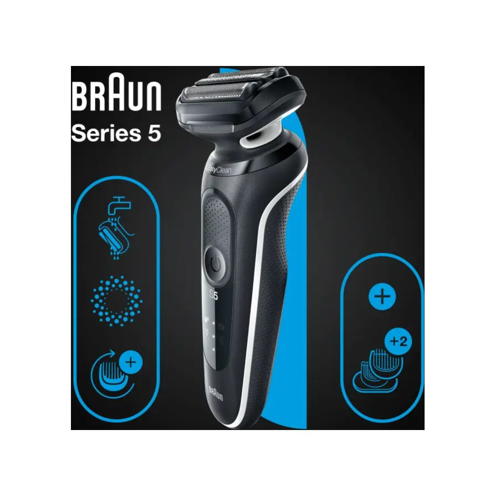 Ein schwarzer Braun Series 5 Rasierer mit blauen Symbolen für Reinigung und Präzision.