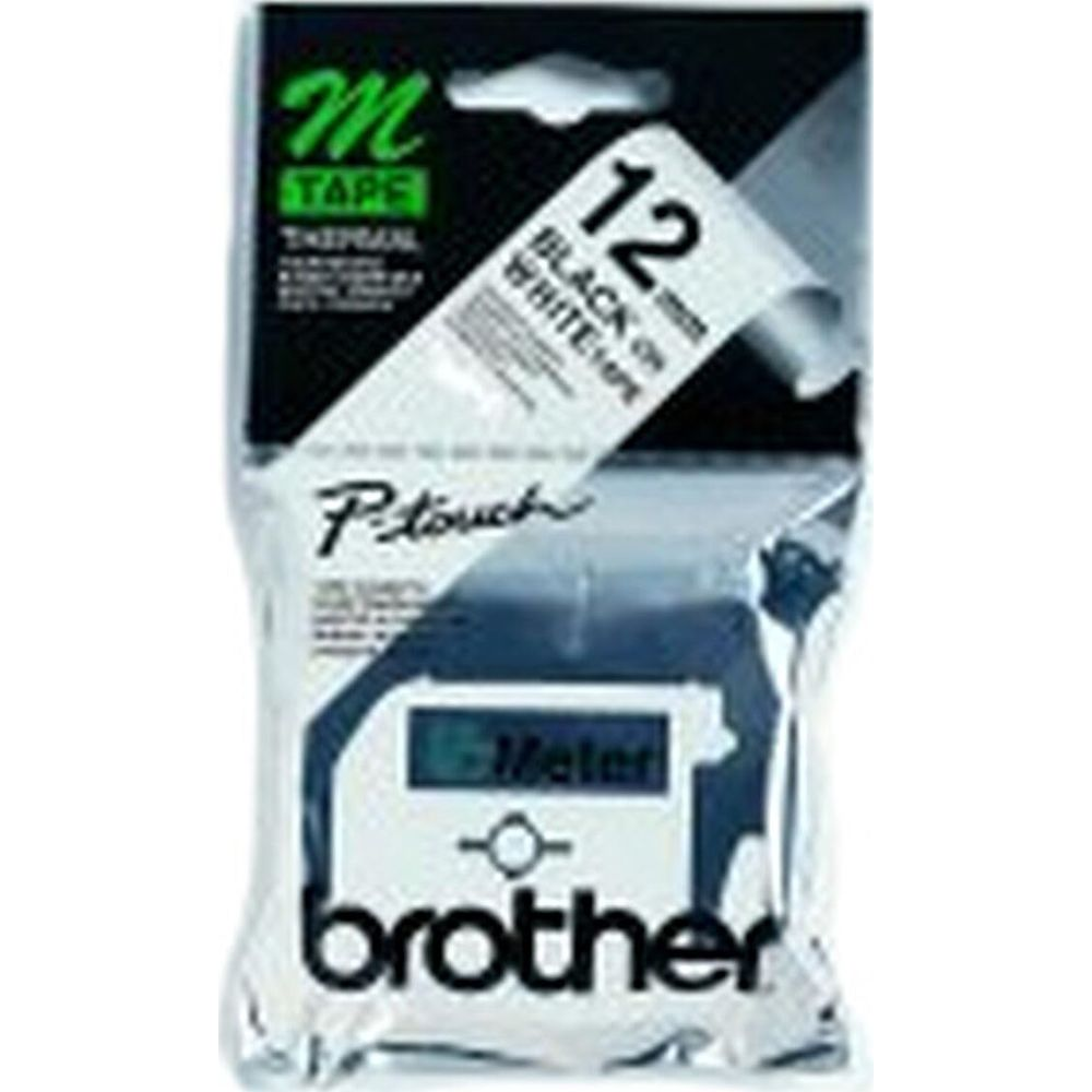 Verpackung für Brother P-Touch 12mm schwarzes Band auf weißem Band.