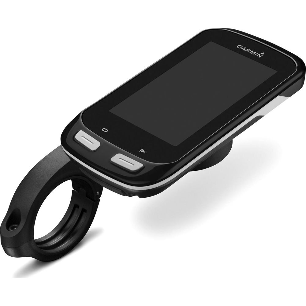 Ciclocomputador Garmin negro con soporte sobre fondo blanco.