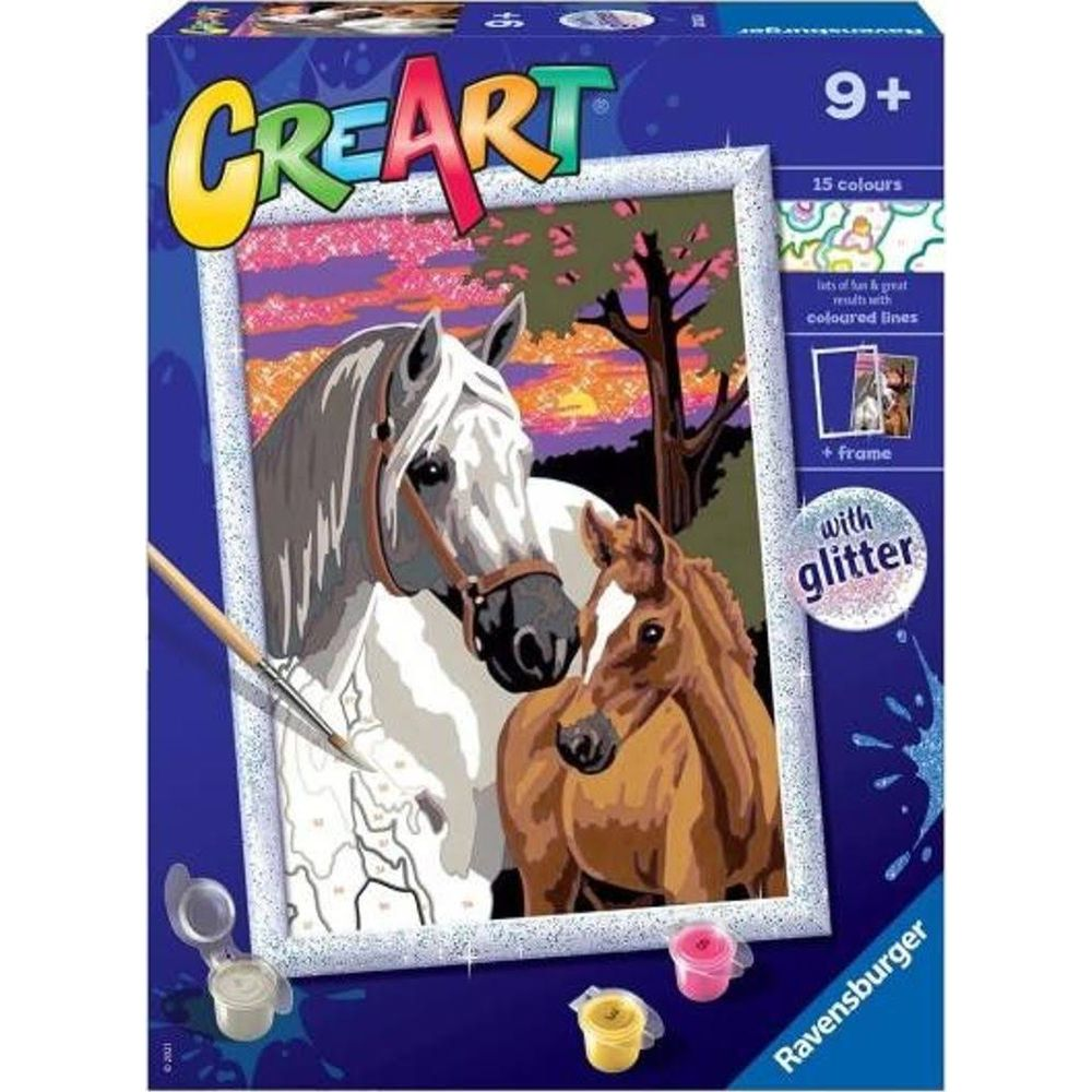 Set di pittura Ravensburger con due cavalli, un pennello e colori.