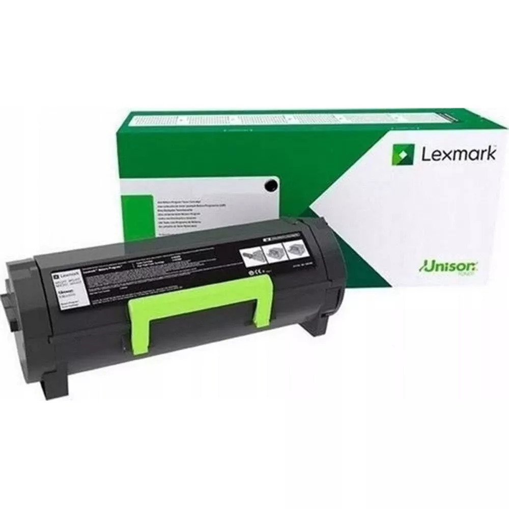Una cartuccia toner Lexmark nera con manico verde accanto alla sua scatola verde e bianca.