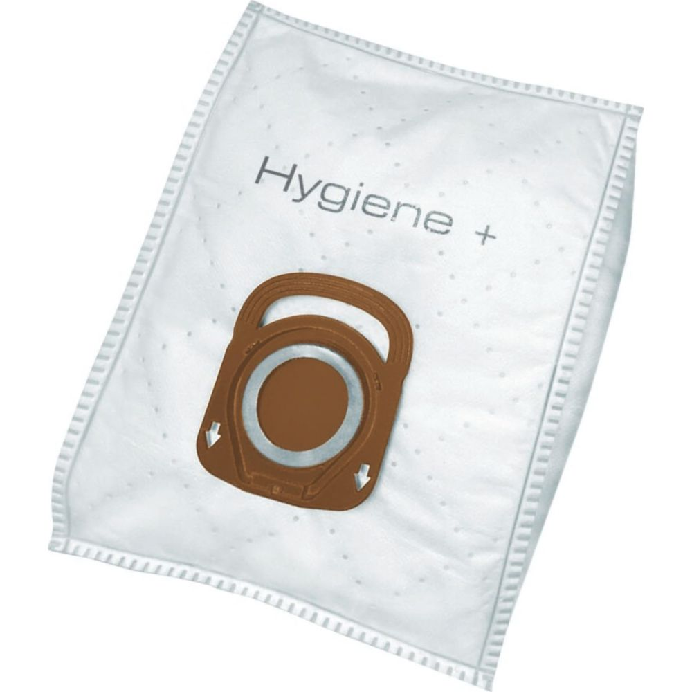 Ein weißer Staubsaugerbeutel mit brauner Halterung und der Aufschrift „Hygiene +“.